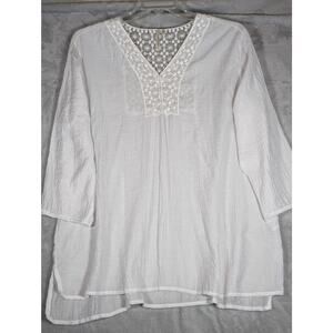 Grand and Green Tunic top XL Rayon/Nylon Bust 43" Len 28.5' Sleeves 3/4 19"Lace